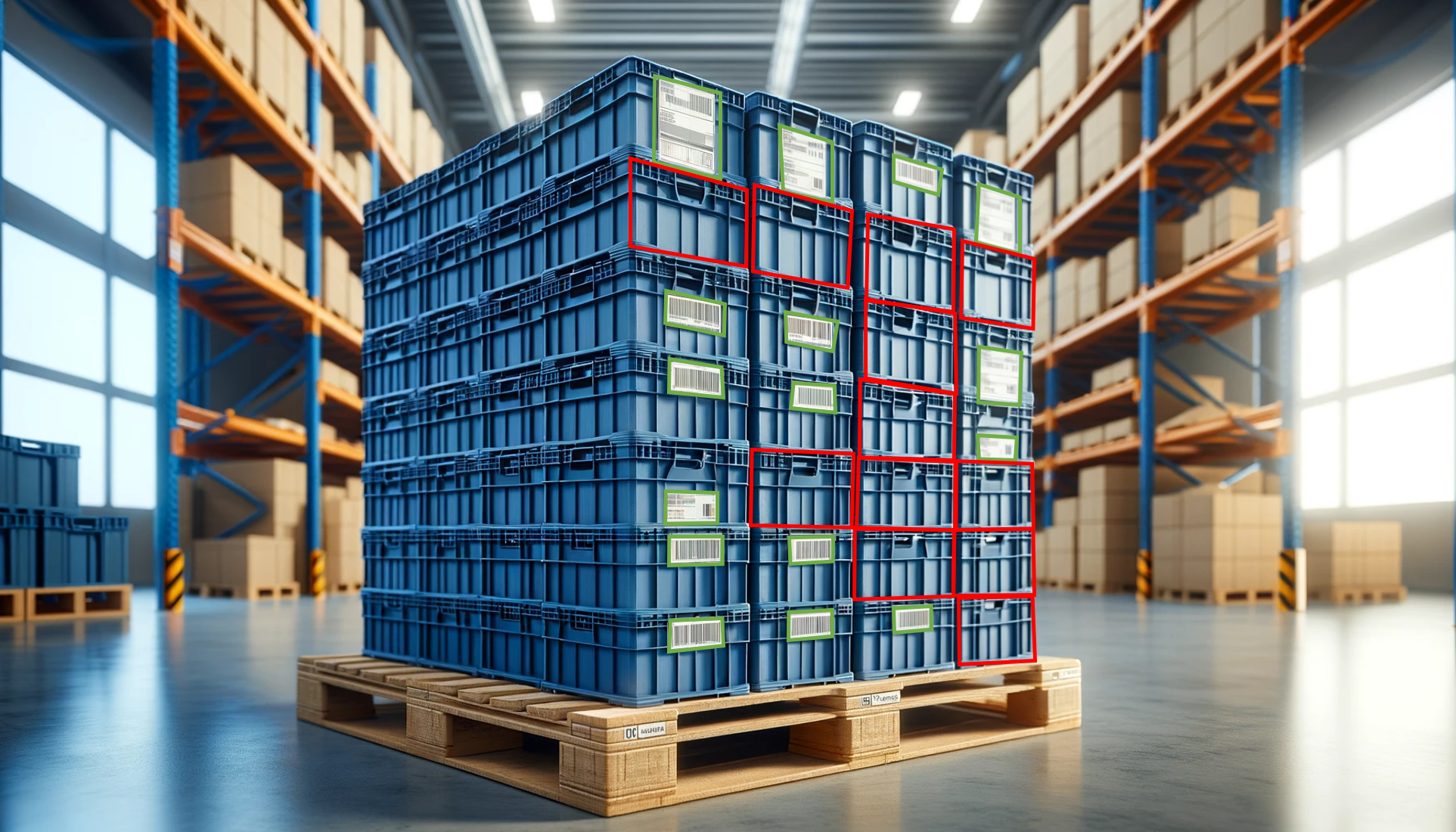 Pallet with totes verified by the W2MO label verification