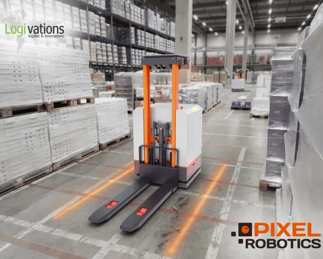 Autonomous pallet transporter in a warehouse aisle